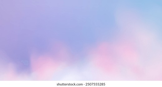 Panoramic abstract pink blue sky background. Skyscape with fluffy clouds. Gradient fantasy paradise background.