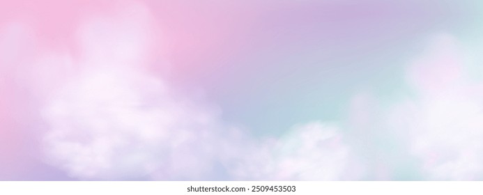 Panoramic abstract pink blue sky background. Skyscape with fluffy clouds. Gradient fantasy paradise background.