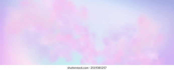 Fondo de cielo azul rosado abstracto panorámico. Skyscape con nubes esponjosas. Fondo de paraíso de fantasía degradado.