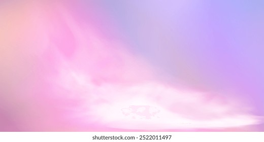 Fondo de cielo azul rosado abstracto panorámico. Skyscape con nubes esponjosas. Fondo de paraíso de fantasía degradado.