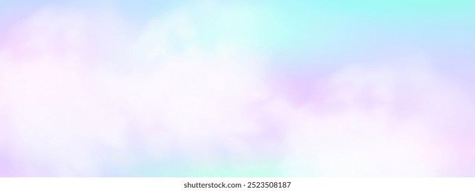 Panoramic abstract pink blue sky background. Skyscape with fluffy clouds. Gradient fantasy paradise background.