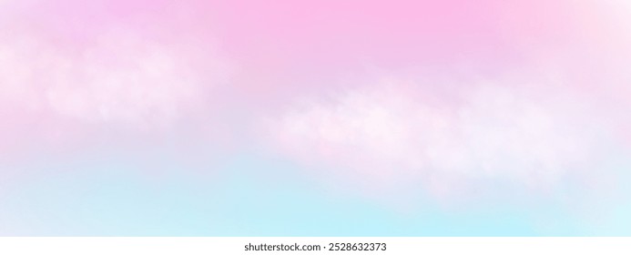 Panoramic abstract pink blue sky background. Skyscape with fluffy clouds. Gradient fantasy paradise background.