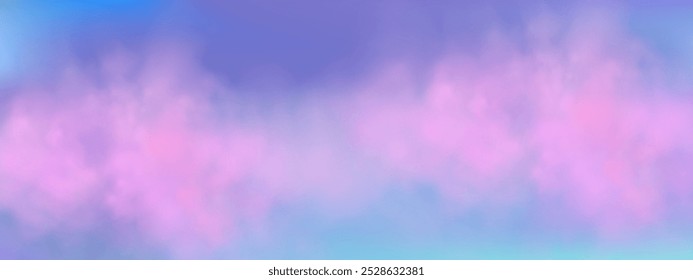 Panoramic abstract pink blue sky background. Skyscape with fluffy clouds. Gradient fantasy paradise background.