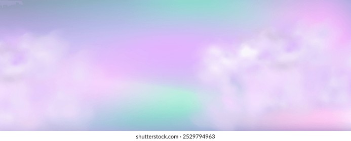 Panoramic abstract pink blue sky background. Skyscape with fluffy clouds. Gradient fantasy paradise background.
