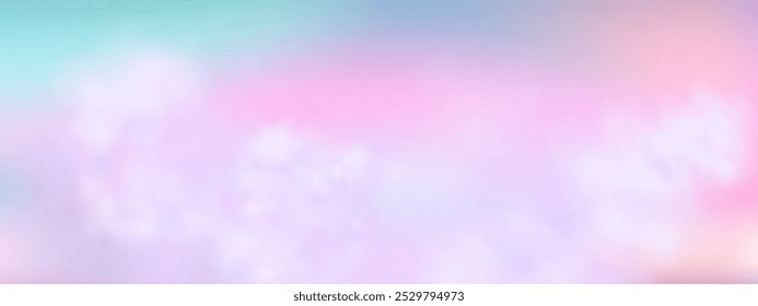 Panoramic abstract pink blue sky background. Skyscape with fluffy clouds. Gradient fantasy paradise background.