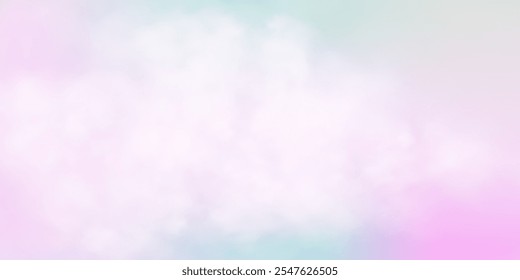 Panoramic abstract pink blue sky background. Skyscape with fluffy clouds. Gradient fantasy paradise background.