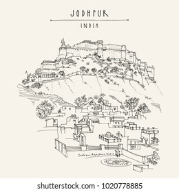 Panoramic aerial view of Jodhpur Blue City and Mehrangarh fort on a hill. Jodhpur, Rajasthan, India. Artistic travel sketch. Hand drawn postcard, poster, book illustration in vector