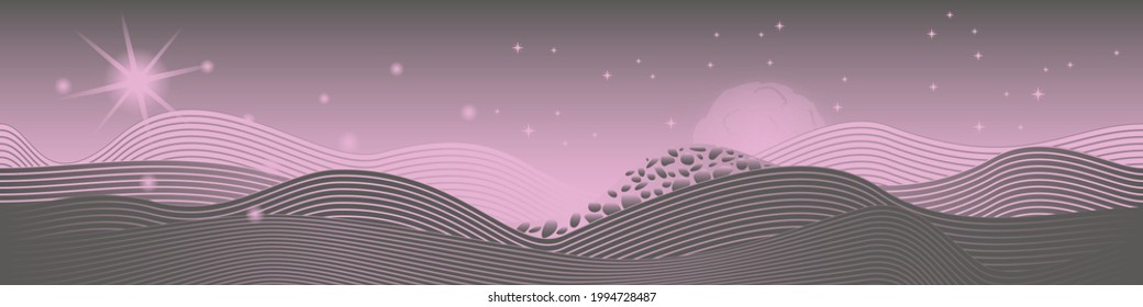 panoramic alien gray-pink landscape, desert, dunes, stones; seamless pattern
