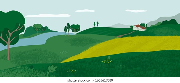 Panoramic Alpine landscape with green valley, houses and river. Rural scene with farmhouse, hills, meadows and fields. Vector illustration of farm, outdoor nature. Countryside background for flyer, ad