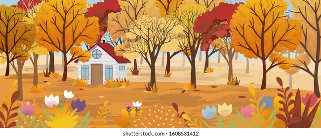Panoramic of Autumn Countryside landscape in England, Vector illustration of horizontal banner of autumn landscape with farm house, tulips, wild flowers, forest tree in red, orange and yellow foliage.