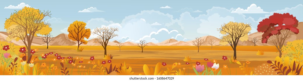 Panoramic of Autumn Countryside landscape in England, Vector illustration of horizontal banner of autumn landscape trees forest with flowers in red, orange and yellow foliage. Coulorfull Fall season