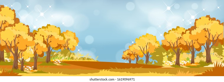 Panoramic of Autumn Countryside landscape in England, Vector illustration of horizontal banner of autumn landscape trees forest with flowers in red, orange and yellow foliage. Coulorfull Fall season