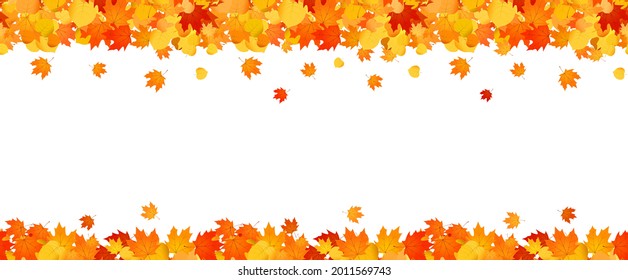 Panoramic autumn frame of orange and red falling leaves.