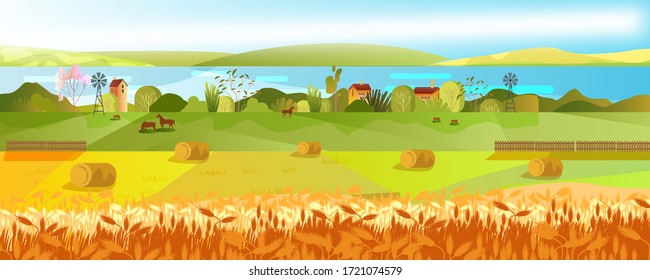 Panoramic autumn landscape with fields of wheat, reap, horses, trees, river. Summer village view with small farm and meadow. Rural harvest background for advertisements, wallpapers, packages.