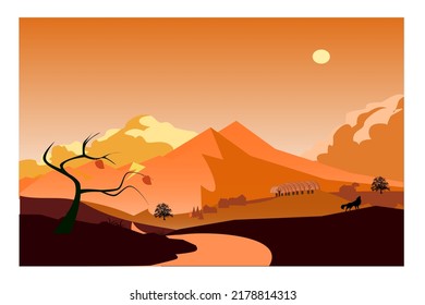 Panoramic autumn landscape with lush trees, fallen leaves orange foliage in a rural village. Vector illustration.