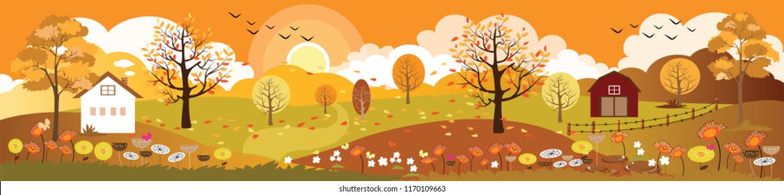 Panoramic of autumn landscape in sunny day,Vector landscape of the End of summer and the beginning of autumn,Beautiful view countryside of farm field with mountains and leaves fallen on grass, 