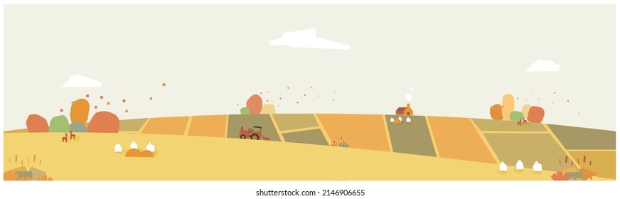 Panoramic autumn landscape vector illustration.Minimal countryside in autumn.Farmhouse and truck in crops field with falling leaves,sheep,deer and wild flower