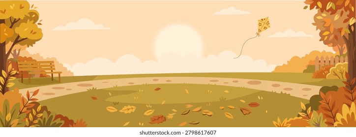 Panoramic autumn landscape vector of a park with a wooden bench, stone path, flying kite, falling leaves, and a golden sun in the sky.