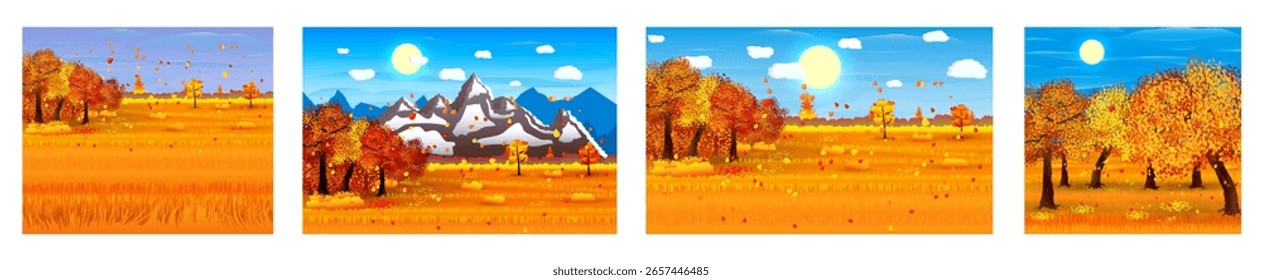 Vector panorámico del paisaje del otoño fijado con los árboles coloridos, las hojas que caen, el campo amarillo, y el cielo azul. Colección de ilustración plana para el diseño estacional.