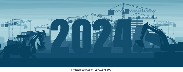 Panoramic background of a crawler excavator and a backhoe with the year 2024 at dawn in a city under construction. Celebrating the beginning of a happy new year. heavy machinery