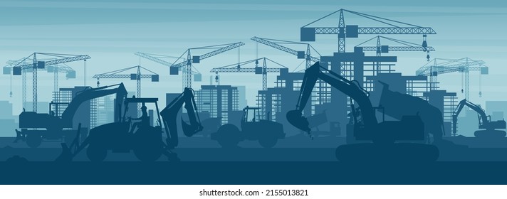 Panoramic background of heavy machinery such as excavator, backhoe, truck, soil compactor, wheel excavator, concrete trucks, hammer excavator, working on the construction of buildings in a city
