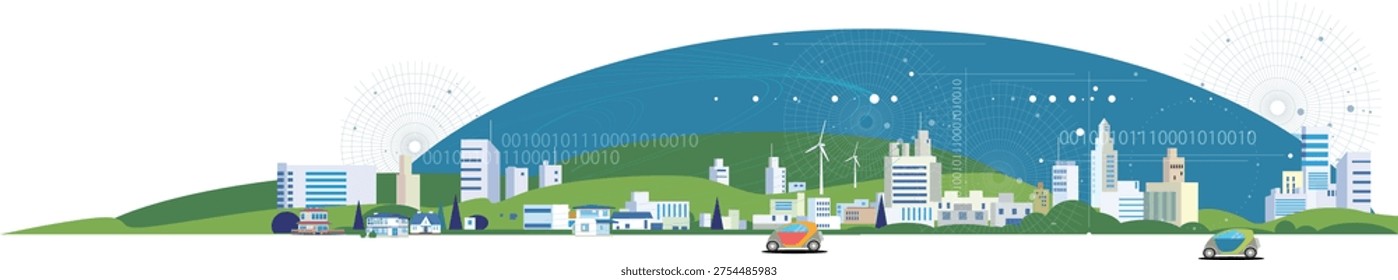 Panoramic background illustration of a smart city and DX network. Hand-drawn style with copy space.