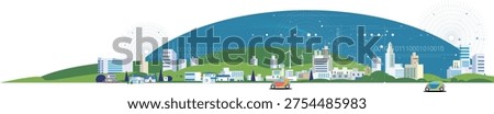 Panoramic background illustration of a smart city and DX network. Hand-drawn style with copy space.
