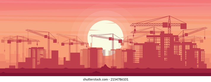 Panoramic background landscape of a city under construction with cranes in a sunset