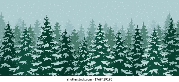 Panoramablick auf den Winterwald, die Natur, die Landschaft. Evergreen Nadelbäume im Schnee. Kiefer, Fichte, Weihnachtsbaum. Vektorgrafik im Flachstil.