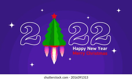 Panoramic banner 2022 and Christmas tree with rocket engine against the background of the starry sky 