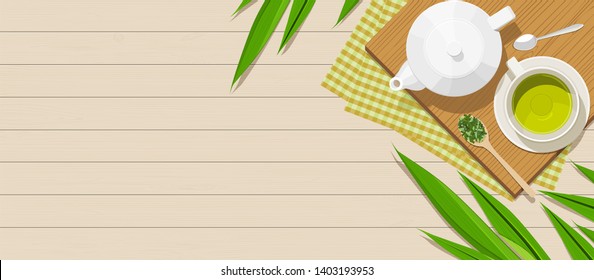 Panoramic banner background with copy space. Set of herbal tea on wooden plate and clothes surround with pandan leaves on rustic wood table. Top view flat lay design vector illustration.