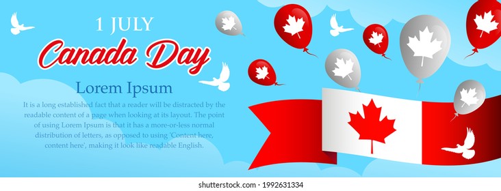 Panoramic banner Canada Day with copy space for text with flag, balloons with white birds on a blue sky background 