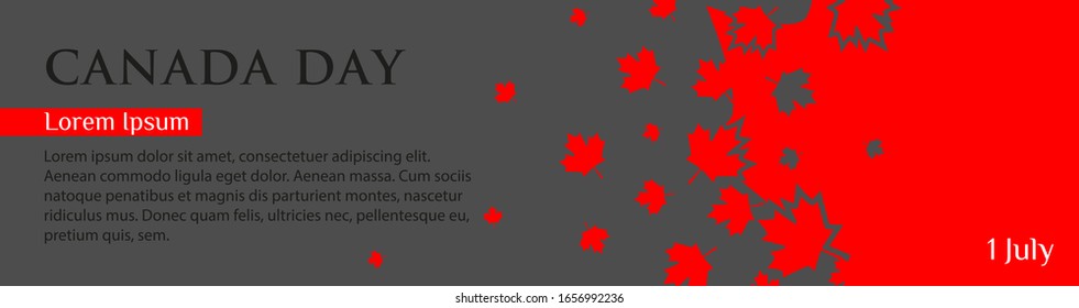 Panoramic banner for Canada Day. Red maple leaves fly on a gray background. Template with place for your text, copy space 