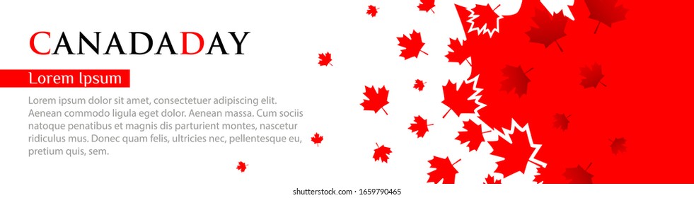 Panoramic banner for Canada Day. Red maple leaves fly on a white background. Template with place for your text, copy space 