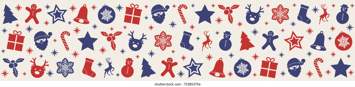 Panoramic banner with Christmas icons. Vector.