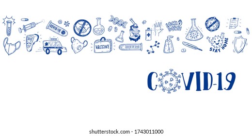 Panoramic banner for COVID-19 coronavirus header, doodle illustration. Concept of novel SARS-CoV-2 corona virus outbreak and pandemic.