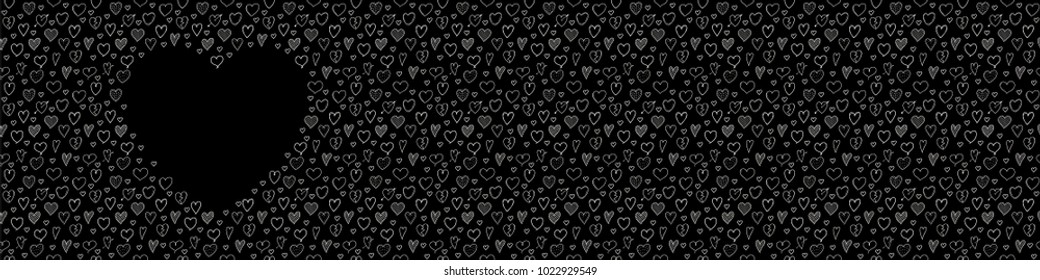 Panoramic banner with cute hand drawn hearts and copyspace. Valentine's Day, Mother's Day or Women's Day. Vector.