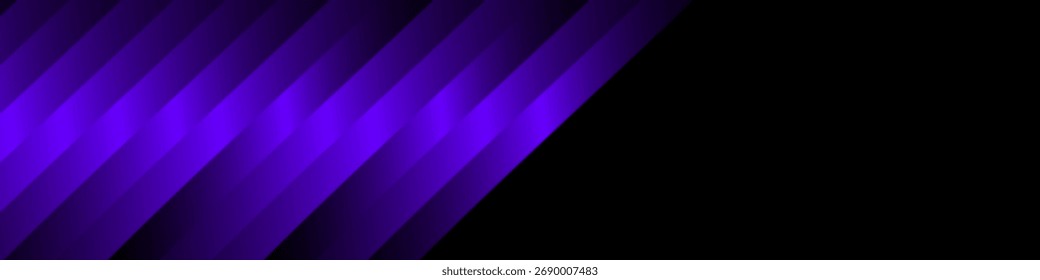 Anuncio panorámico. Rayas degradadas púrpuras diagonales sobre fondo negro. Barras brillantes que cubren parcialmente el Anuncio, creando un diseño abstracto dinámico audaz.