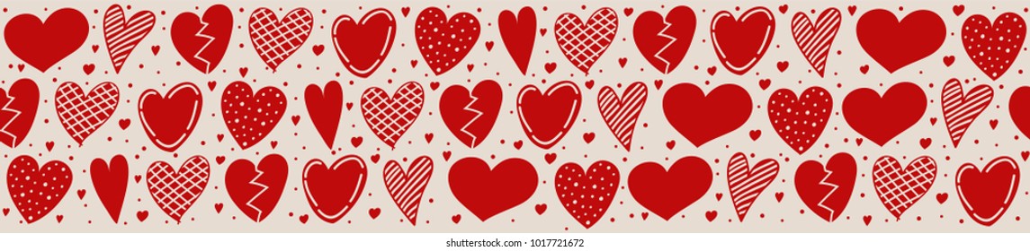 Panoramic banner with hand drawn hearts. Vector.