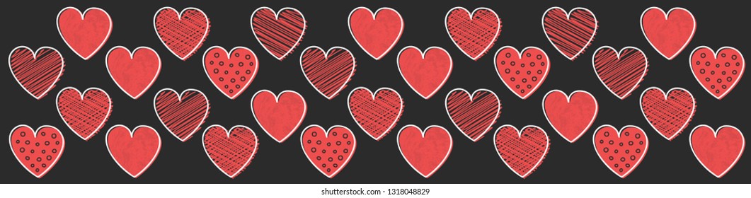 Panoramic banner with hand drawn hearts. Mother's Day, Women's Day and Valentine's Day. Vector