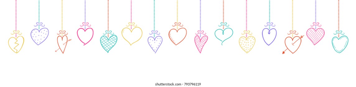 Panoramic banner with hanging hand drawn hearts. Vector.