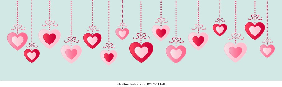 Panoramic banner with hanging hearts. Valentine's Day, Mother's Day or Women's Day. Vector.