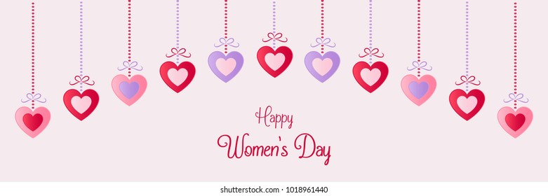 Panoramic banner with hanging hearts for Women's Day. Vector.