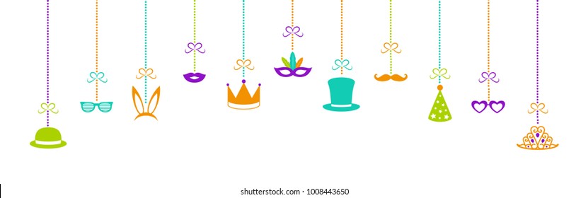 Panoramic banner with hanging icons for carnival, photo booth and birthday party. Vector.