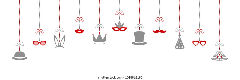 Panoramic banner with hanging party elements. Carnival, party, birthday and photobooth. Vector.