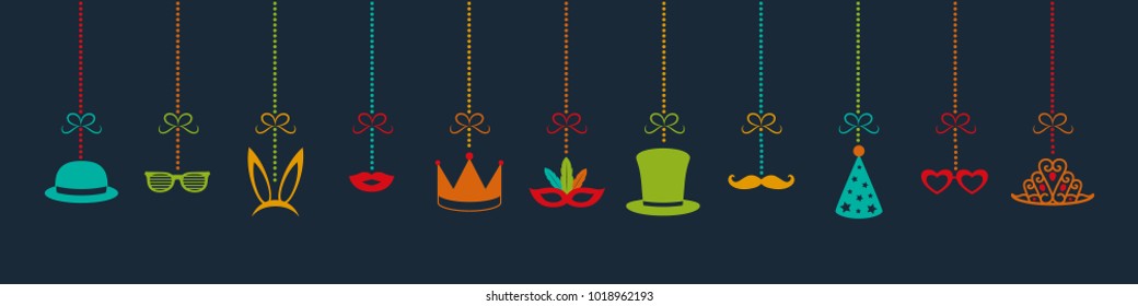 Panoramic banner with hanging party elements. Carnival, party, birthday and photobooth. Vector.