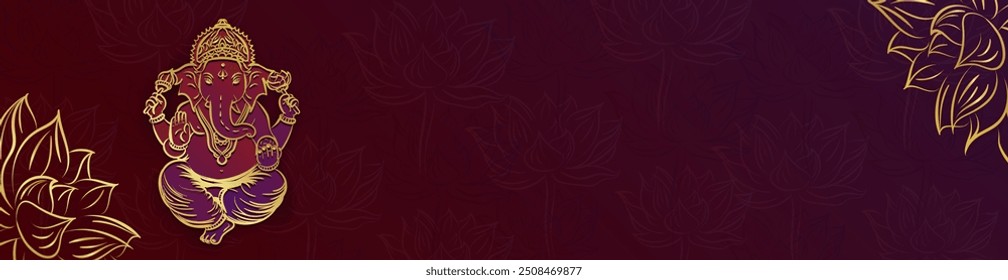 Banner panorâmico ou cabeçalho com Lord Ganesha em contorno de ouro sobre fundo vermelho com flores de lótus e lugar vazio para o texto de saudação - Happy Diwali (Deepavali, Dipavali)