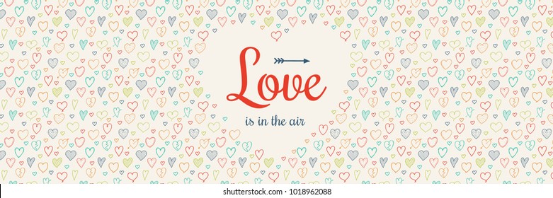 Panoramic banner with heart doodles for Valentin'e s Day. Vector.