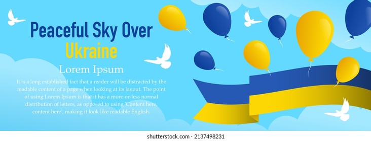 Panoramic banner, Peaceful sky over Ukraine. copy space for text. White doves and balloons against the blue sky 