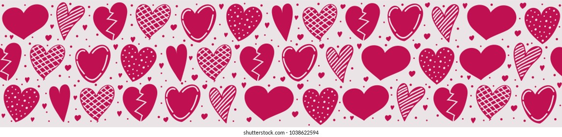 Panoramic banner with pink hand drawn hearts. Vector.